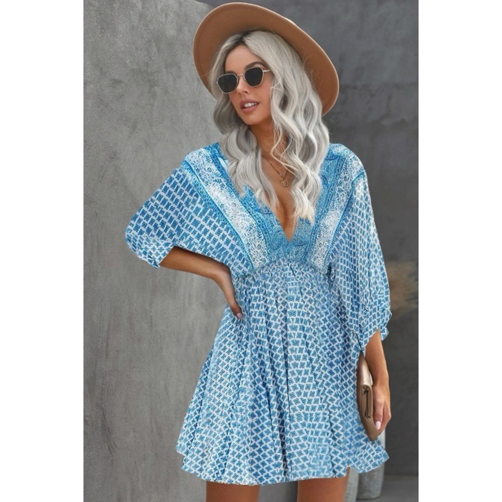 Boho Sky Blue Vintage Print Mini Dress